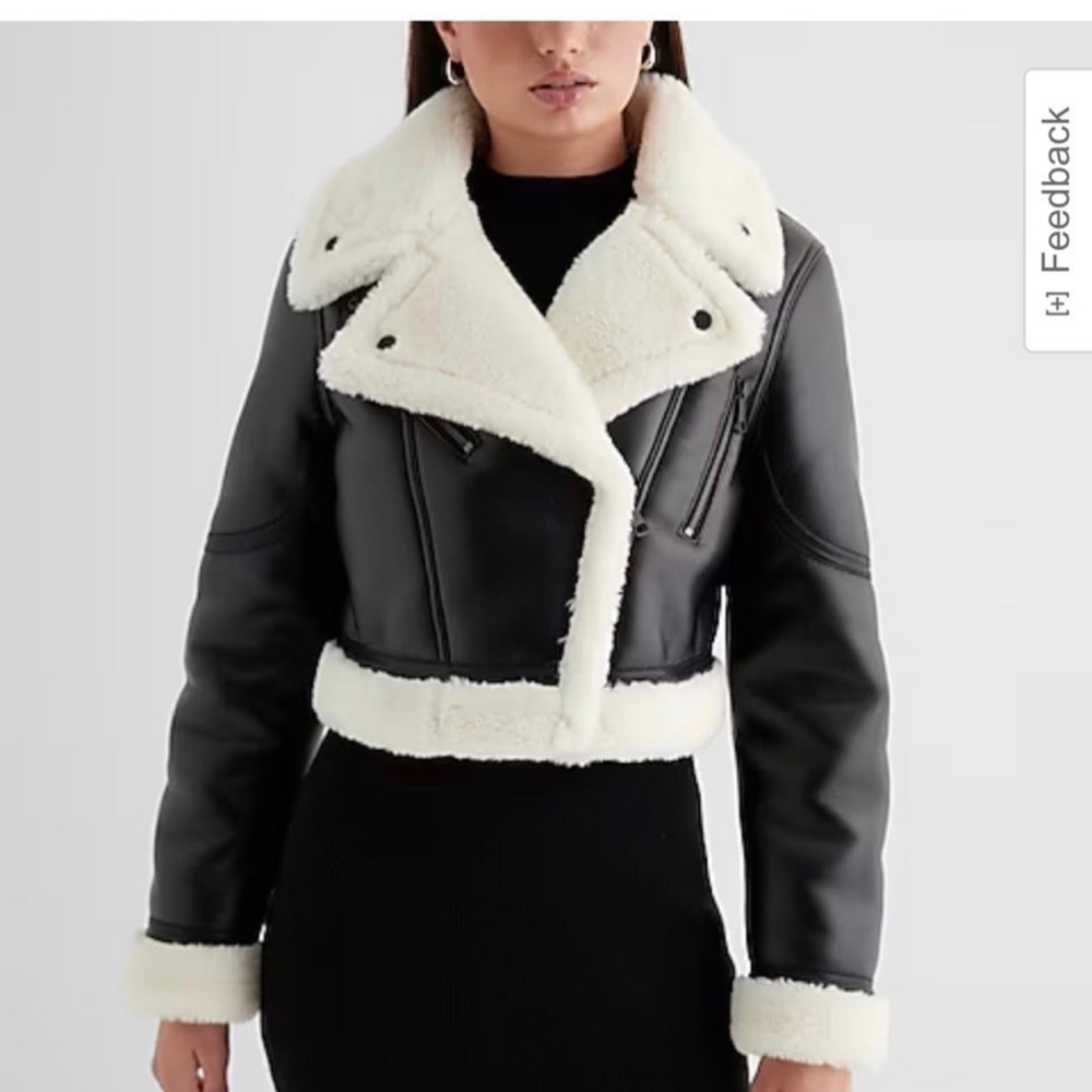 NWT Express Black Faux Leather Cropped Fur Biker Jacket Size XL